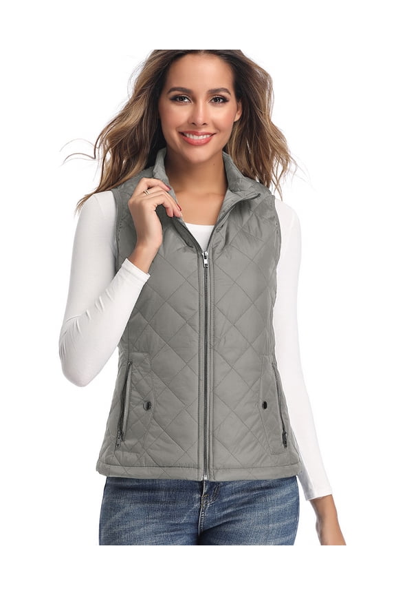 Women's Vests - Padded Lightweight Vest for Women, Stand Collar Quilted Gilet with Zip Pockets