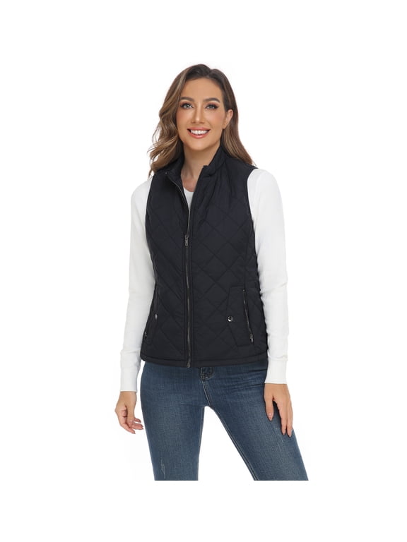 Women's Vests - Padded Lightweight Vest for Women, Stand Collar Quilted Gilet with Zip Pockets