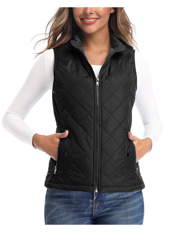 Women's Vests - Padded Lightweight Vest for Women, Stand Collar Quilted Gilet with Zip Pockets