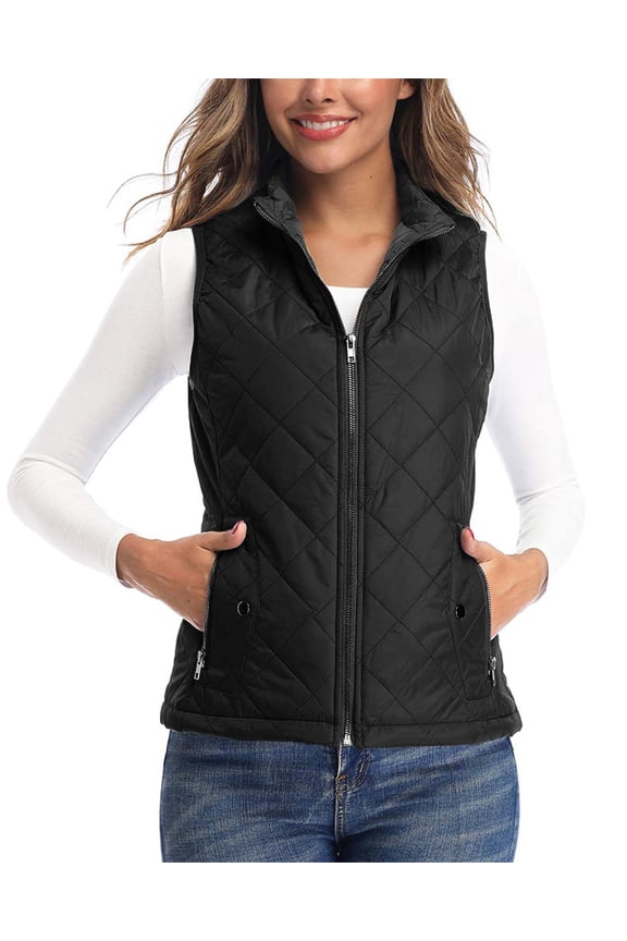 Women's Vests - Padded Lightweight Vest for Women, Stand Collar Quilted Gilet with Zip Pockets