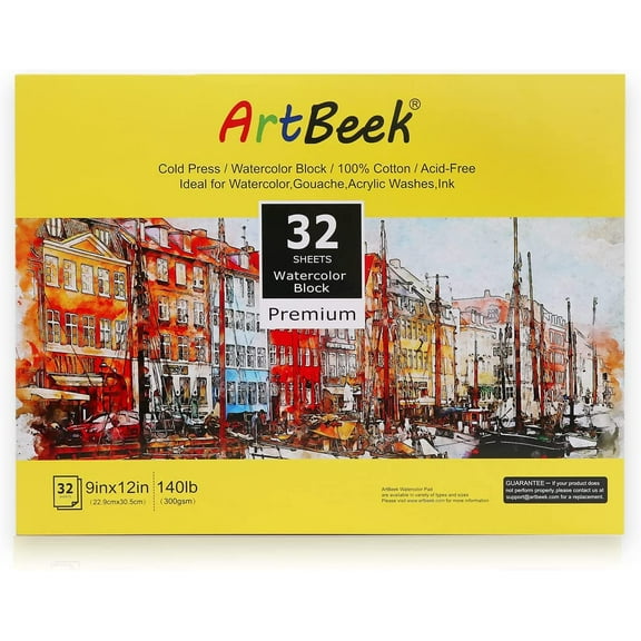 ArtBeek Watercolor Paper Block,9" x 12" Watercolor Block 32 Sheets 100% Cotton Cold Press 140lb/300GSM