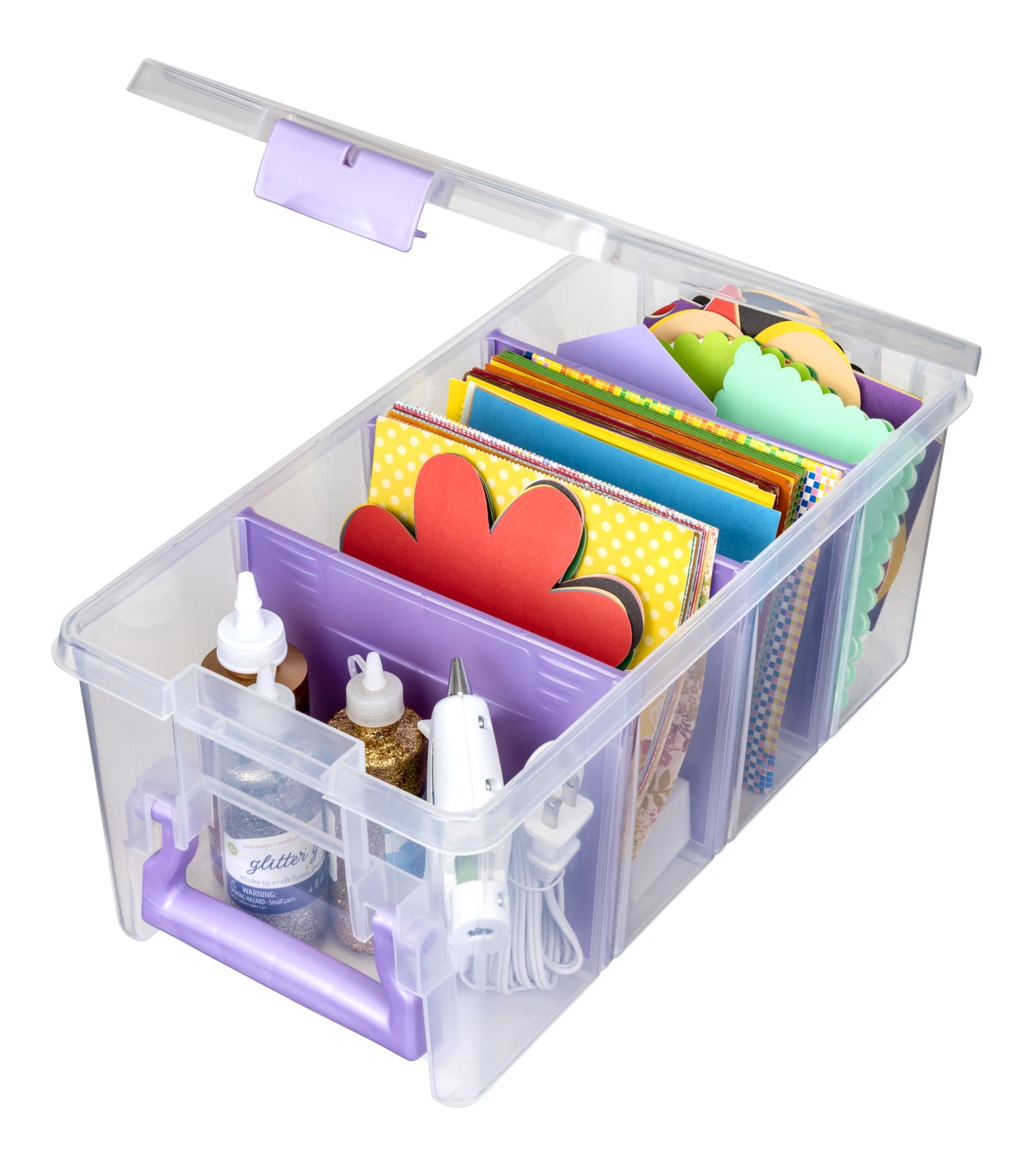 Clear and Purple Stackable Plastic Craft Organizer with Dividers