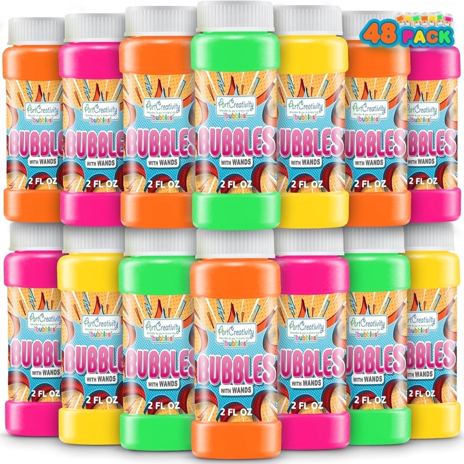 ArtCreativity Bubble Blower Toy Mini Bottles with Wands 48 Pack Ages 3+ Kids Party Favors Birthday Gifts Outdoor Fun