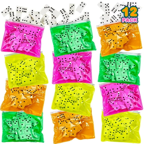 ArtCreativity Neon Domino Game Set 12-pack, 28 pieces Each in Pink, Yellow, Green, Orange Party Favors, School Prizes, Kids 6+ Fun