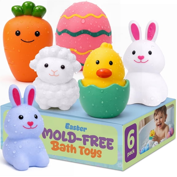 ArtCreativity Easter Basket Stuffers for Toddlers, Mold Free Bath Toys, 6 Pack, No Hole Easter Bath Toys, Soft Squeezable Bathtub Toys for Baby & Toddler, Great Easter Gifts for Kids 6 Month+