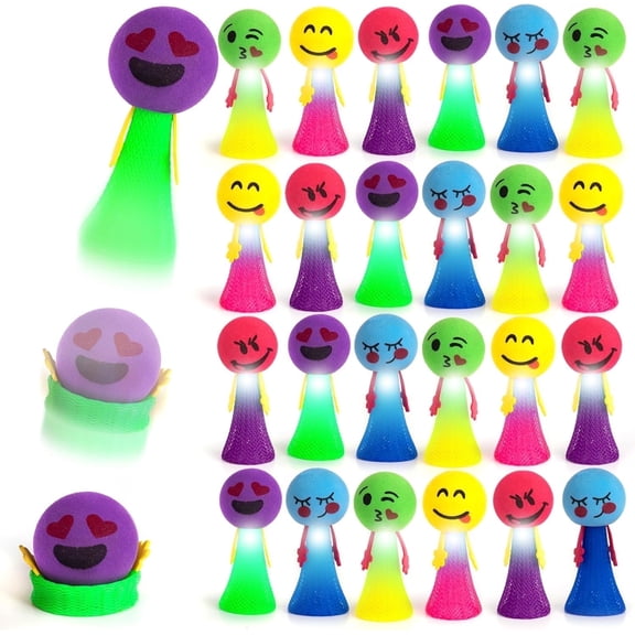 ArtCreativity Emoticon Jumping Popper Toys – Light-up Spring Launchers with Flashing LEDs, 24-pack, Fun Toys for Kids 3+