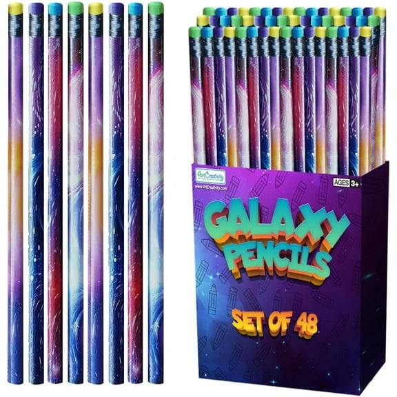 ArtCreativity Galaxy Outer Space Theme Kids Ages 6+ Pencils 48-Pack with Durable Erasers for Classroom, Student Rewards, and School Supplies
