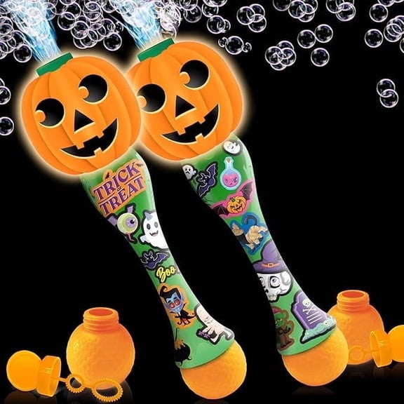 ArtCreativity Halloween Light up Bubble Wand Set 2 pack, 14 inch LED Pumpkin and Ghost Wands with Lights and Music for Kids Ages 3+, Spooky Characters