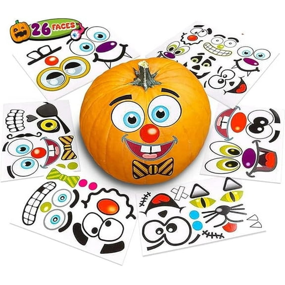 ArtCreativity Halloween Pumpkin Sticker Kit 12 Sheets, 26 Pumpkin Face Stickers for Kids Fun Jack O Lantern Decorating Party Favors