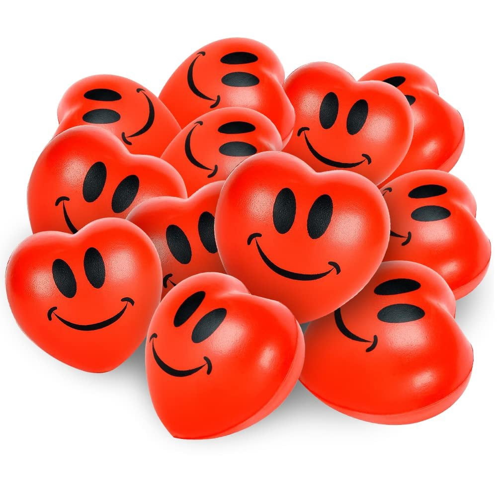 ArtCreativity Heart Stress Balls 12 Pack - 2.75 Inch Red Foam Squishy Toys With Smiley Faces, Party Favors