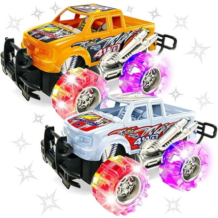 ArtCreativity Light-up Monster Truck Set – 2-pack 6" Push-and-Go Friction Trucks with Flashing LED Tires for Kids Ages 3+
