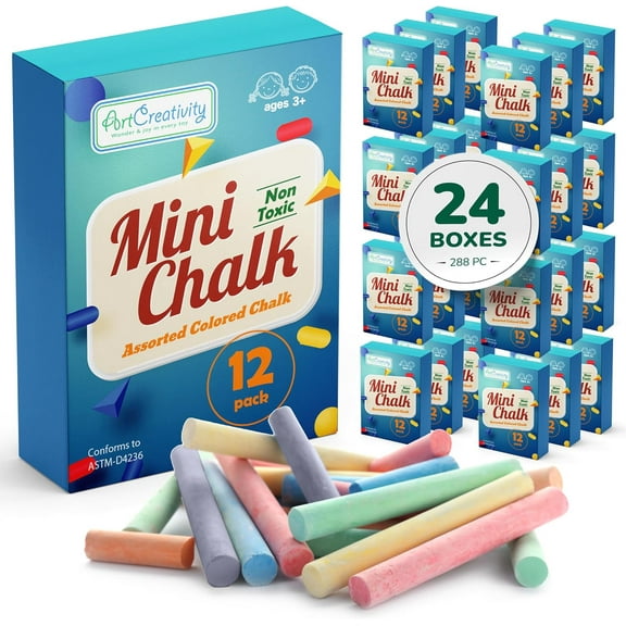ArtCreativity Mini Chalk Set – Non-Toxic, Washable Sidewalk & Chalkboard Chalk, 12 Sticks per Box, 24-Box Pack, for Kids Ages 3+, Creative Fun