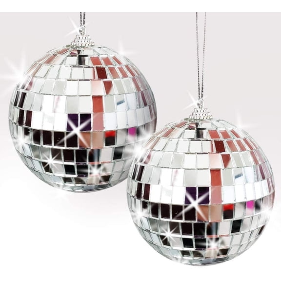 ArtCreativity 4-inch Silver Mirror Disco Balls Set of 2 Collectible Party Ornaments, Hanging Decoration for Birthdays, Weddings, 90s Theme