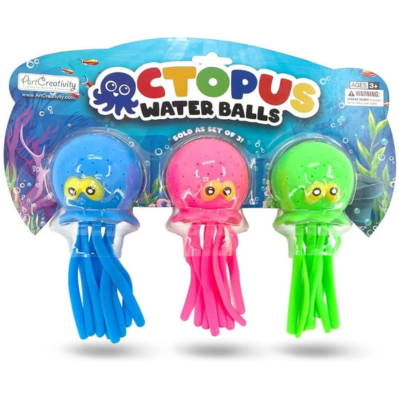ArtCreativity: Octopus Water Balls - 3pk - Neon Pink-Green-Blue, Squeezy Water Squirting Rubber Bath & Pool Toys, Sensory Stress Relief, Kids Ages 3+