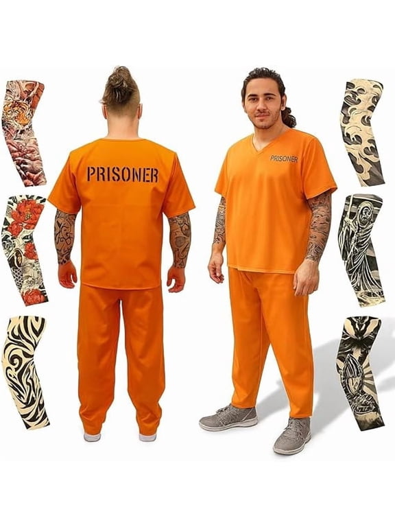 ArtCreativity Orange Prisoner Costume for Men, Size Large, Halloween Jailbird Outfit with Tattoo Sleeves