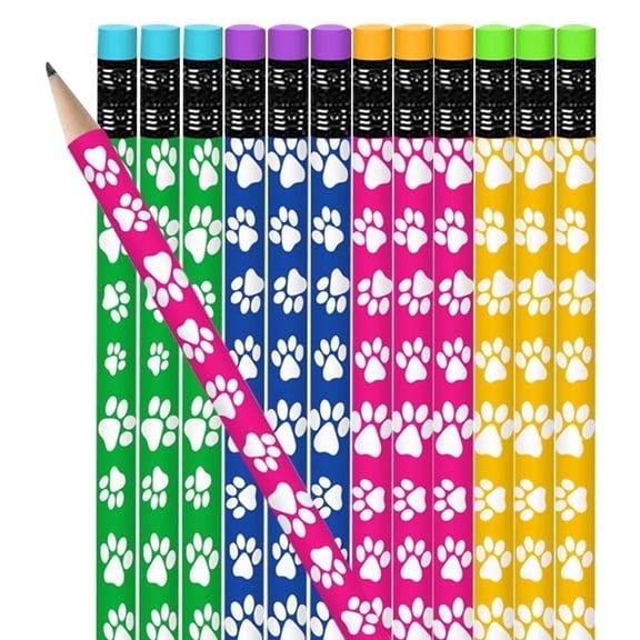 ArtCreativity Wooden Paw Print Pencils for Kids, 12Count, Assorted Colors with Erasers, Ages 3+, Animal Theme Party Favors & School Supplies