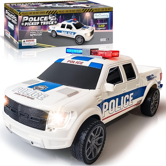 ArtCreativity 10" Large Police Car Toy Pickup Truck with LED Headlights and Sirens, Friction Powered, 1:20 Scale Police Car Toys for Boys 3-5, Police Monster Trucks, Toy Trucks for Kids