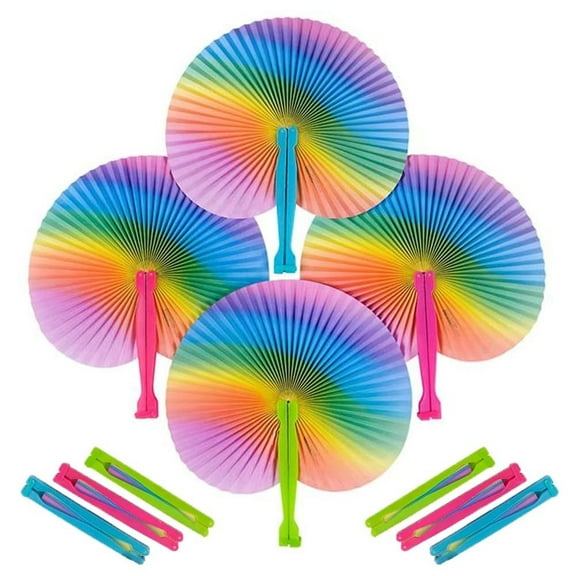 ArtCreativity Rainbow Folding Fans Set 12-pack Handheld Paper Fans with Plastic Shafts, Colorful Party Favors for Kids Ages 3+