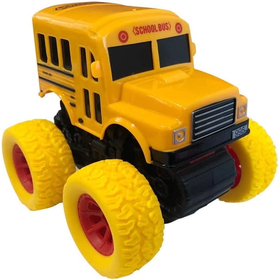 Yellow School Bus Toy with Yellow Monster Truck Tires, Push n Go Toy Car for Kids, Durable Plastic Material, Best Birthday Gift for Boys, Girls, Toddlers