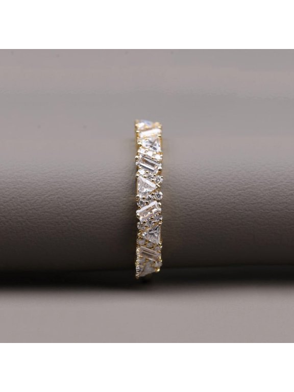 3.8MM Multi Stone Triangle , Baguette and Round Half Eternity Moissanite Wedding Band, 10K Yellow Gold