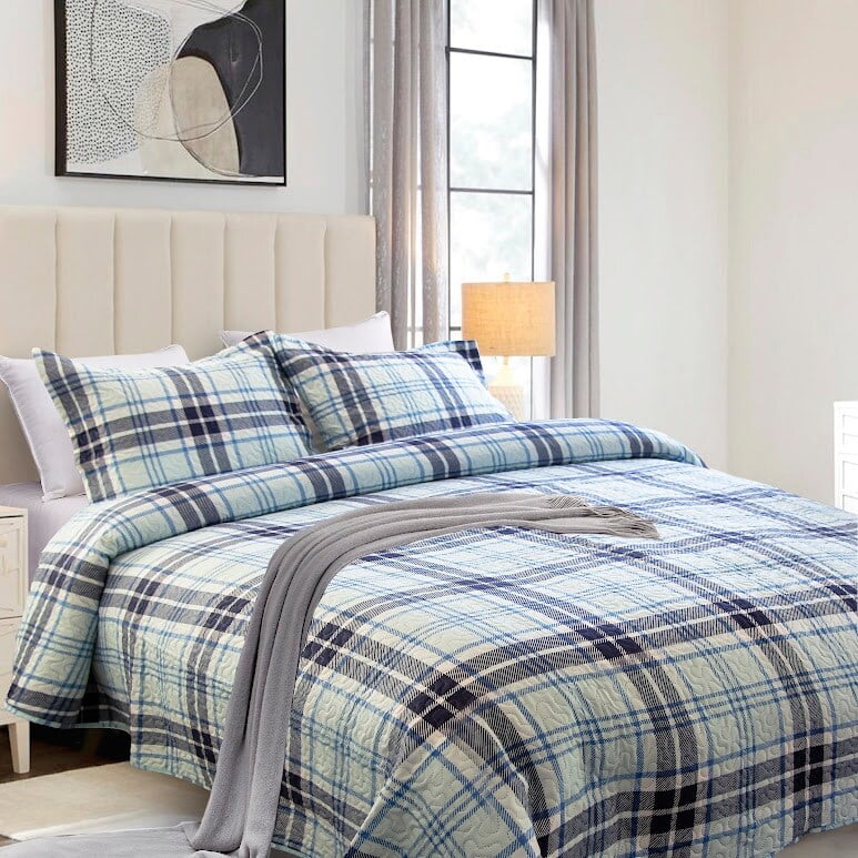 ArtLover Blue Plaid Quilt Set Twin BLUE PLAID KING King 3 Piece