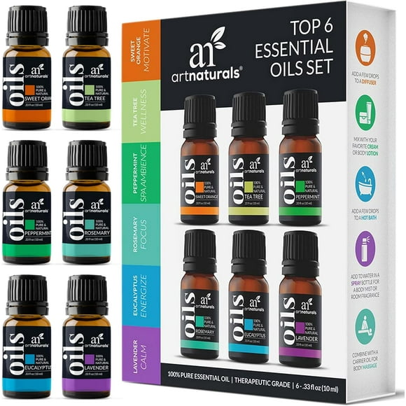 ArtNaturals Therapeutic-Grade Essential Oil Gift Set, Lavender, Rosemary, Tea Tree, 6 x 10 ml