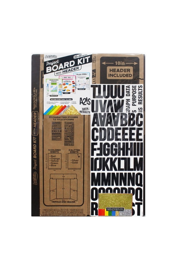 36" x 48" White Tri-Fold Display Board Kit with Header, Stickers & Paper for School & Office Projects