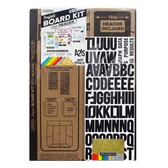 ArtSkills 36" x 48" White Tri-Fold Display Board Kit with Header, Stickers & Paper for School & Office Projects
