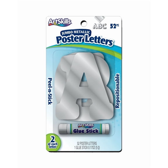 ArtSkills 4" Metallic Silver Office Letters with Glue Stick, Poster Craft Kit, 52 Letters