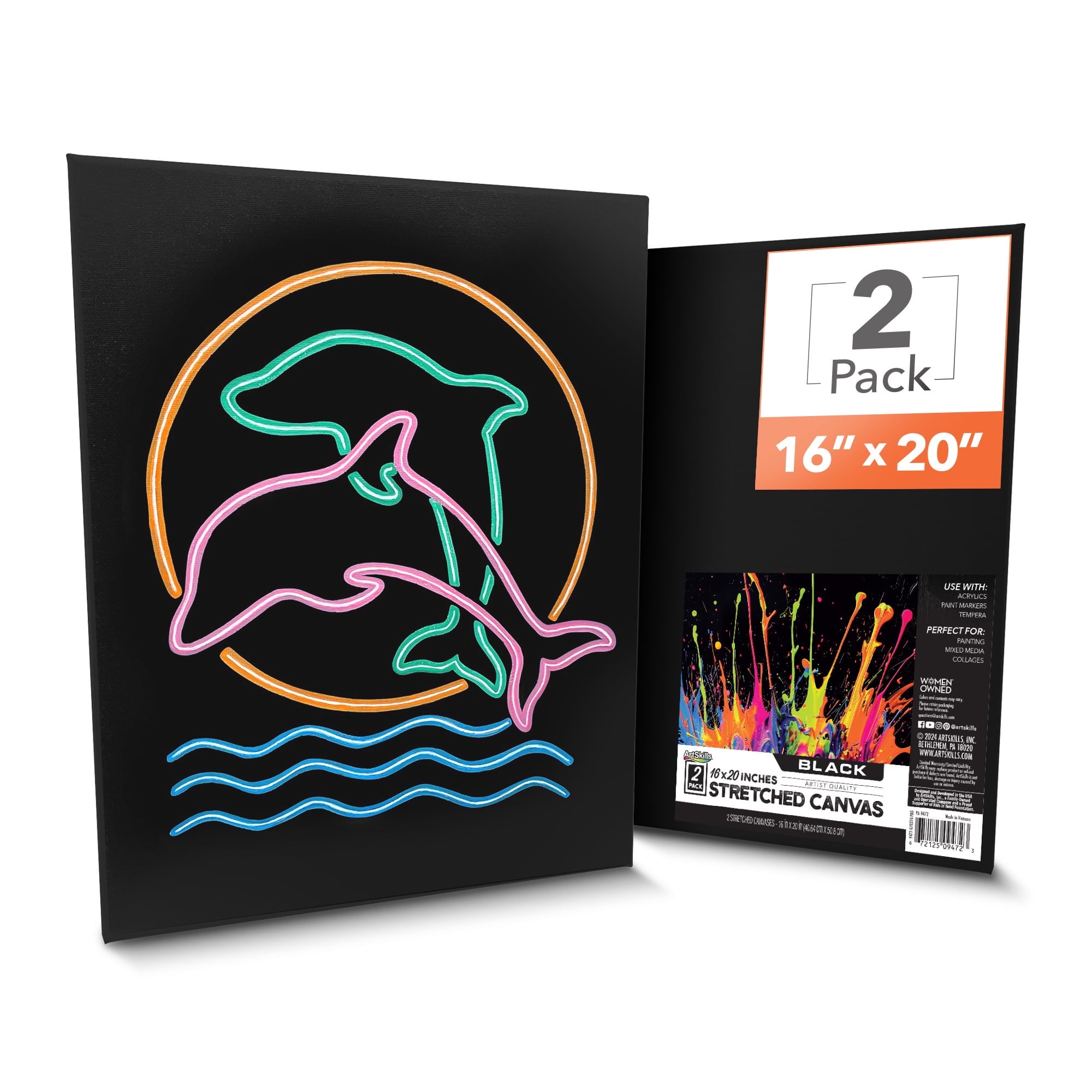 ArtSkills Black Canvas, Stretched Canvases for Painting, 16x20 Black Canvas Painting Supplies for Artists, Black Art Canvas Pack, 2-Pack