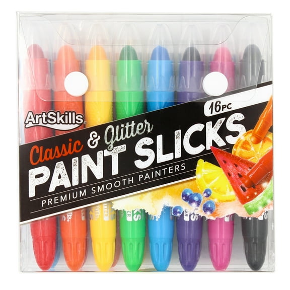 ArtSkills Coloring Washable Tempura Paint Stick Slicks, Classic and Glitter, 16 Count