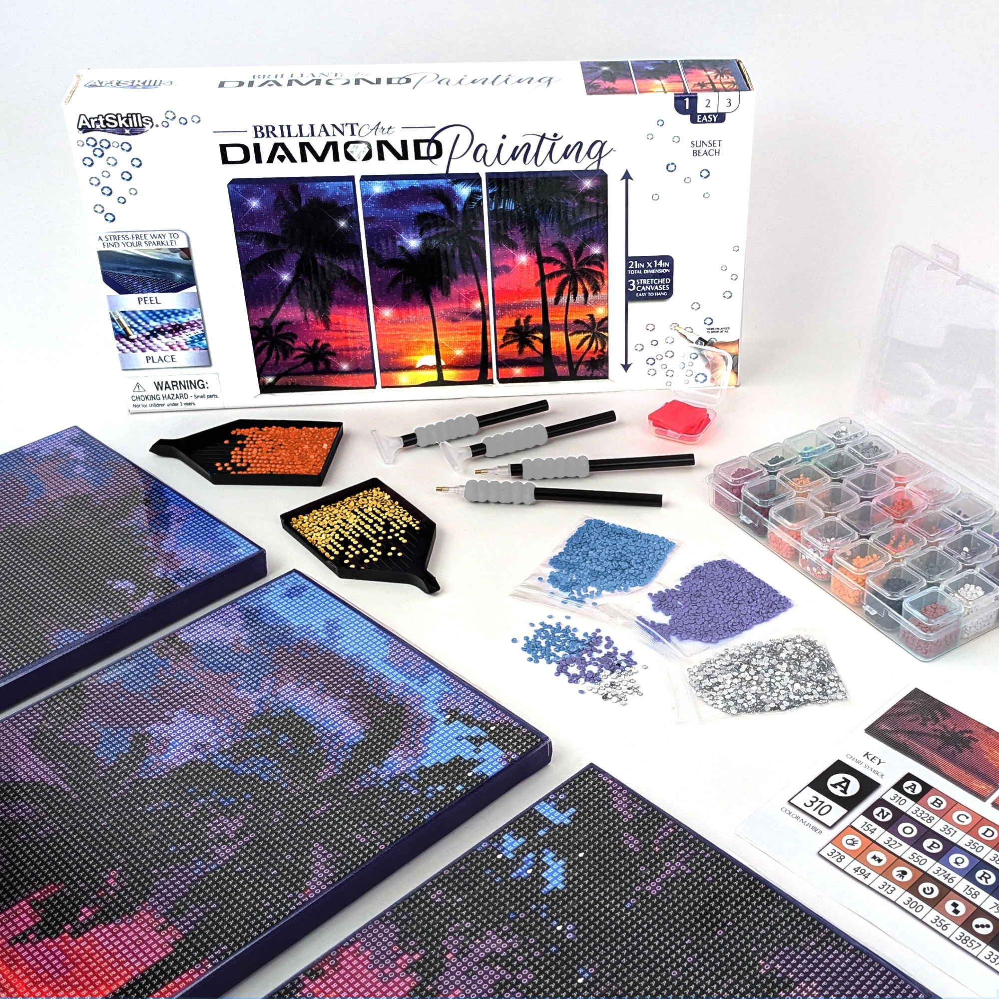 ArtSkills Diamond Painting Kit, Diamond Art Ready to Hang Framed Canvas with Storage and Accessory Kit, Beach, 3 Stretched Canvas Panels, 14” x 7” Each
