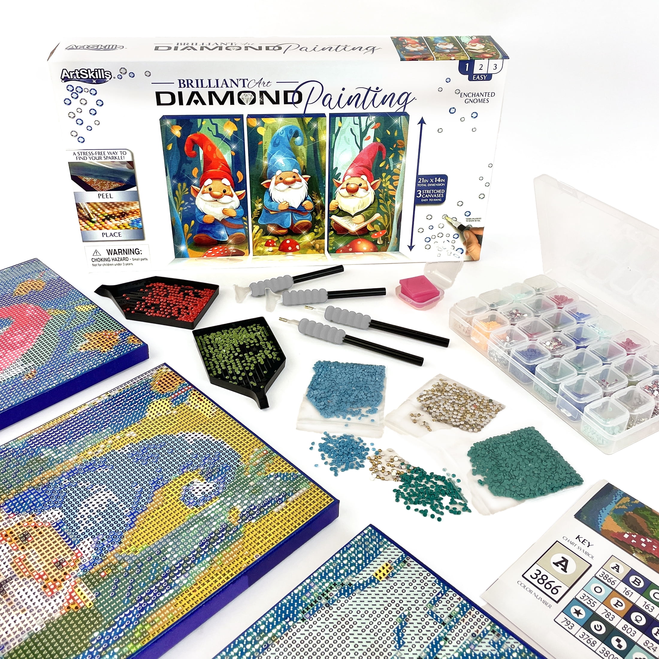 ArtSkills Diamond Painting Kit, Diamond Art Ready to Hang Framed Canvas with Storage and Accessory Kit, Gnomes, 3 Stretched Canvas Panels, 14” x 7” Each