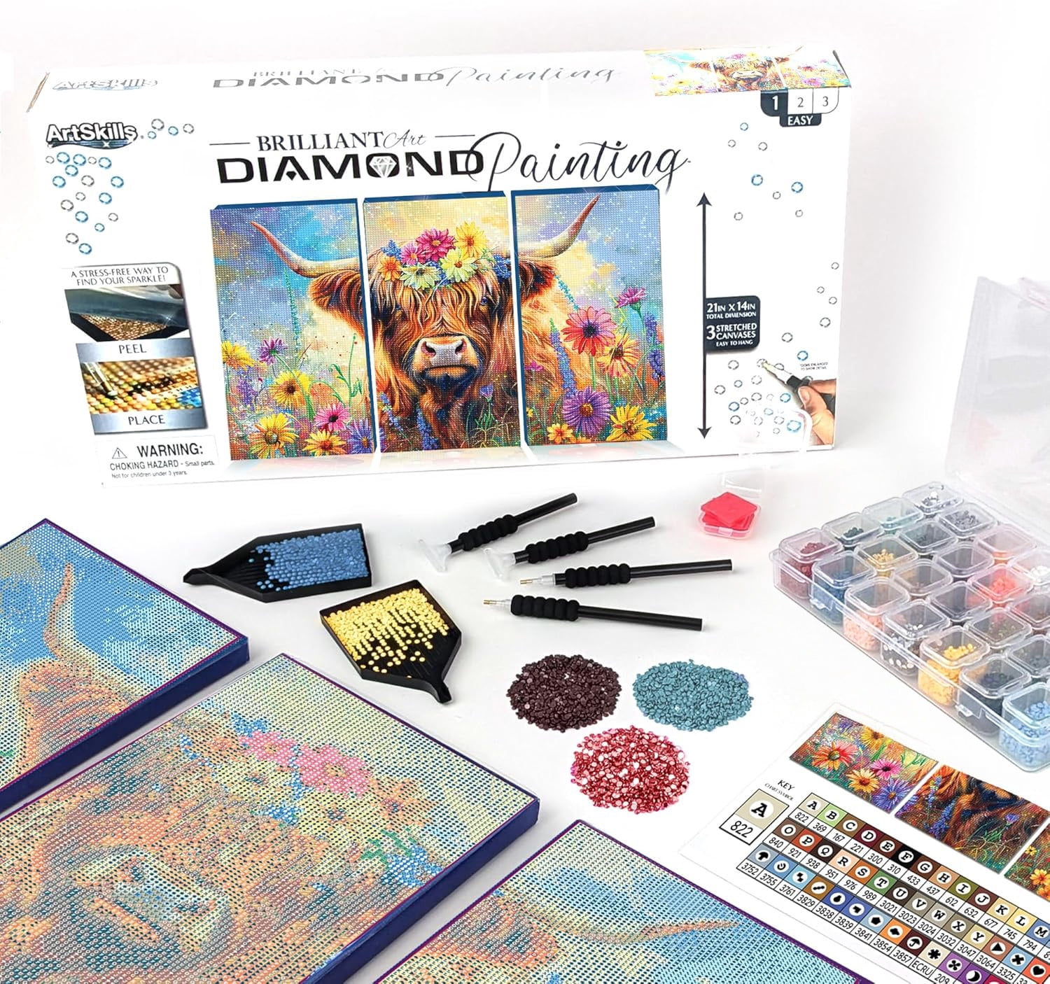 ArtSkills Diamond Painting Kit, Diamond Art Ready to Hang Framed Canvas with Storage and Accessory Kit, Highland Cow, 3 Stretched Canvas Panels, 14” x 7” Each