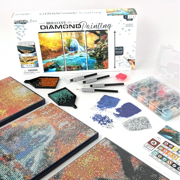 ArtSkills Diamond Painting Kit, Diamond Art Ready to Hang Framed Canvas with Storage and Accessory Kit, Waterfall, 3 Stretched Canvas Panels, 14” x 7” Each