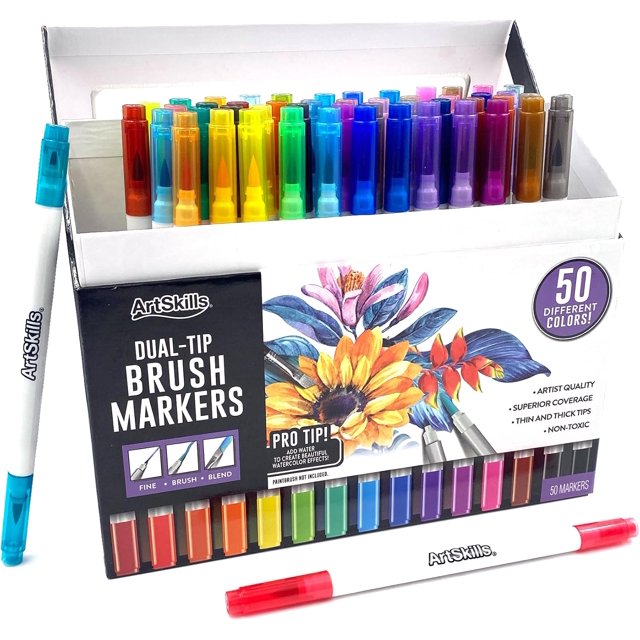 ArtSkills Dual Tip Fine & Brush Tip Markers for Adult Coloring, Brush