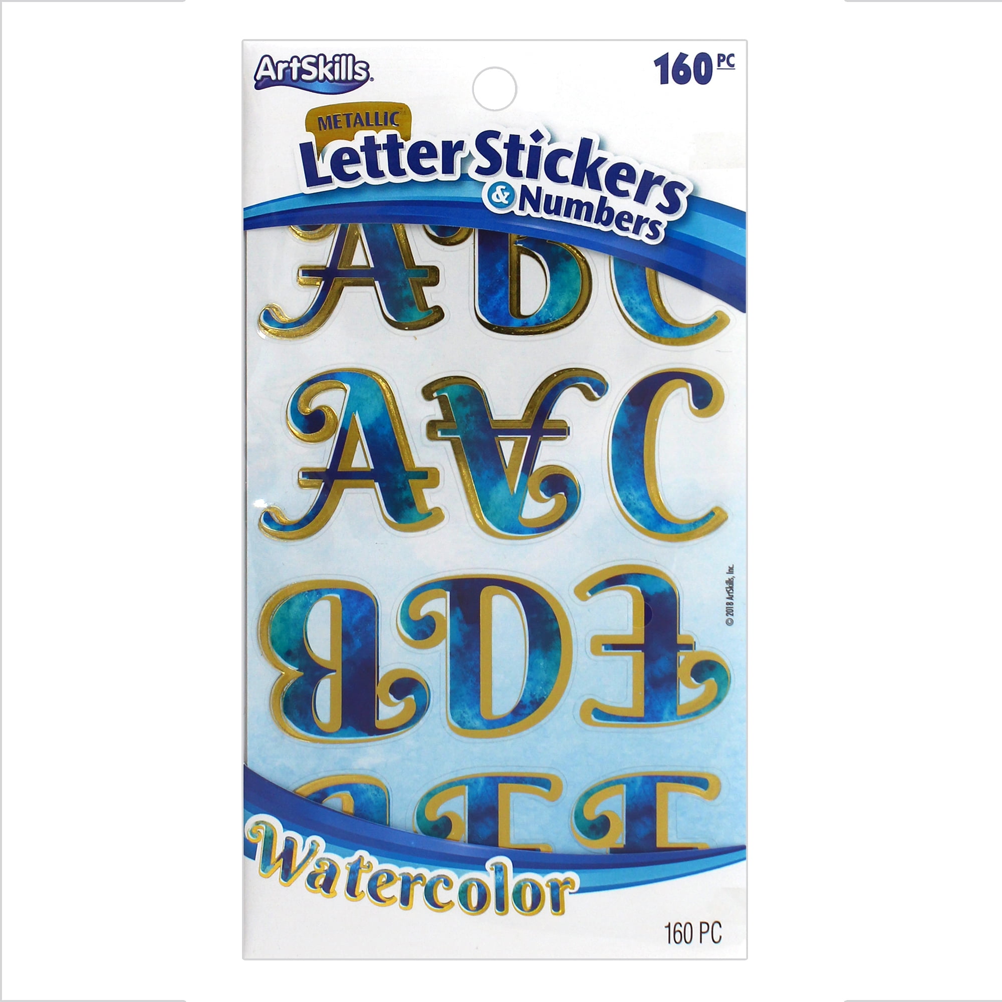 ArtSkills Letter and Number Alphabet Stickers, 1.5" and 1" Gold and Blue Watercolor, for Birthdays, School, 160 Pieces