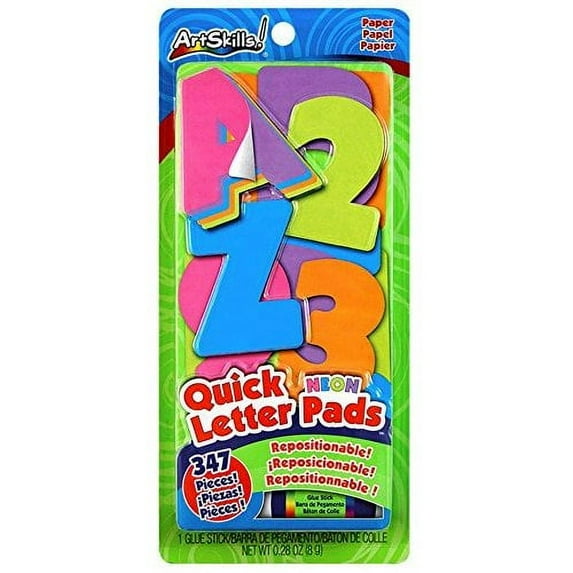 ArtSkills Neon Poster Letters 4 Neon Colors 345 Pieces 1 Glue Stick (PA-1225)