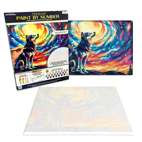 ArtSkills Starry Night Wolf Paint by Number Art Kit for Adults, 20" x 15" Stretched Canvas, Unisex Wall Art