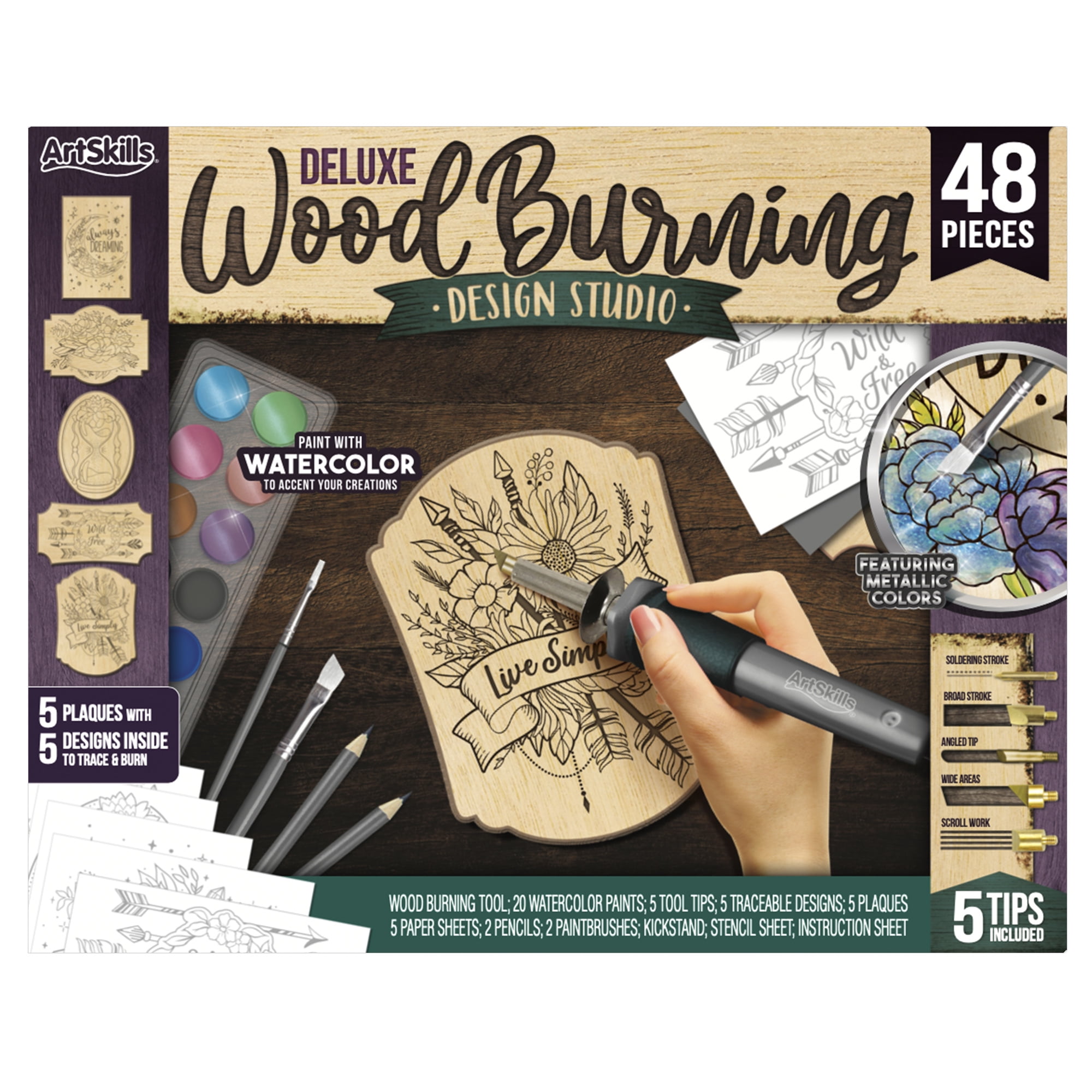 Artskills Wood Burning Kit for Beginners - Deluxe Pyrography Wood Engraving Art Kit with Burner Pen, Stencils, Watercolor Paints - 48 Piece DIY