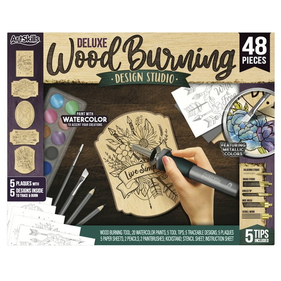 ArtSkills Wood Burning Kit for Beginners - Deluxe Wood Engraving Art Kit with Burner Pen, Stencils, Watercolor Paints - 48 Piece DIY Woodburning Tool Kit for Adults and Kids