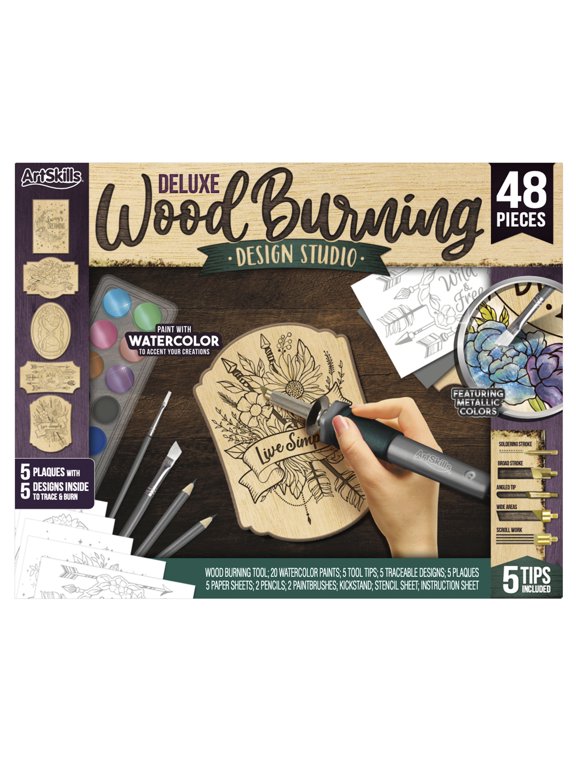 Wood Burning Kit for Beginners - Deluxe Wood Engraving Art Kit with Burner Pen, Stencils, Watercolor Paints - 48 Piece DIY Woodburning Tool Kit for Adults and Kids