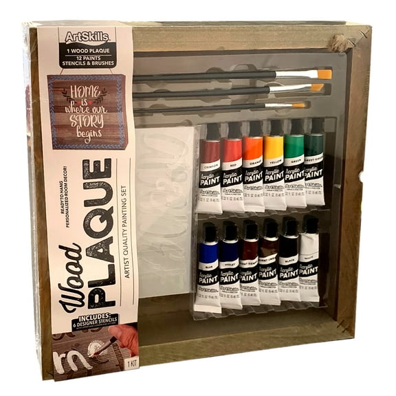 ArtSkills Wood Pallet Plaque Painting Craft 22pc Set - Paints, Stencil Sheets and Brushes