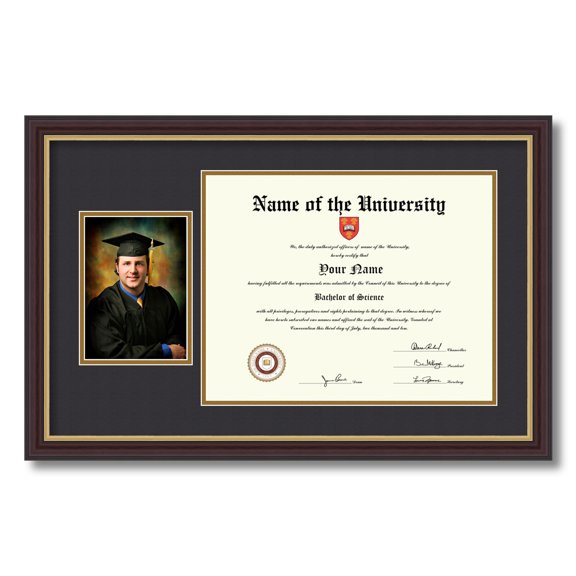 ArtToFrames 11x14 inch Diploma Frame with 5x7 Image Opening - Framed in Mahogany and Gold Slope Frame with Black and Gold Mats, Comes with Regular Plexi Glass and Sawtooth Hanger (D-T-4447-11x14)