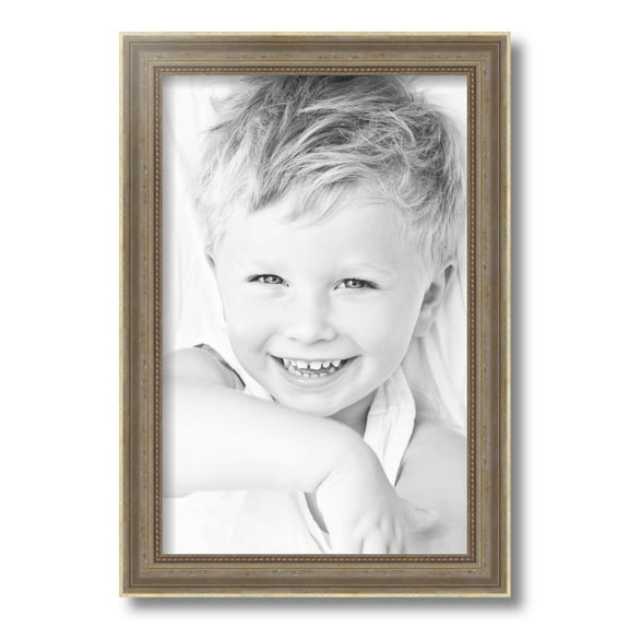 ArtToFrames 11x17 Inch Aged White Gold Picture Frame, This Silver Wood Poster Frame is Great for Your Art or Photos, Comes with Regular Glass (2036)