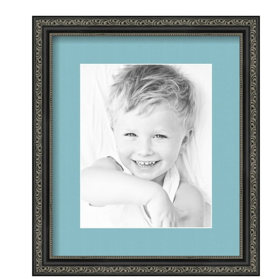 ArtToFrames 12x14" Matted Picture Frame with 8x10" Single Mat Photo Opening Framed in 1.25" Antique Black and 2" French Blue Mat (FWM-5106-12x14)
