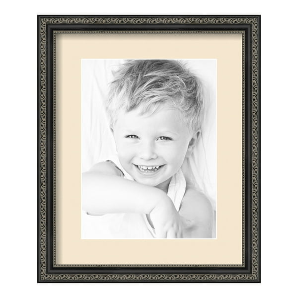 ArtToFrames 13x16" Matted Picture Frame with 9x12" Single Mat Photo Opening Framed in 1.25" Antique Black and 2" Alabaster Mat (FWM-5106-13x16)