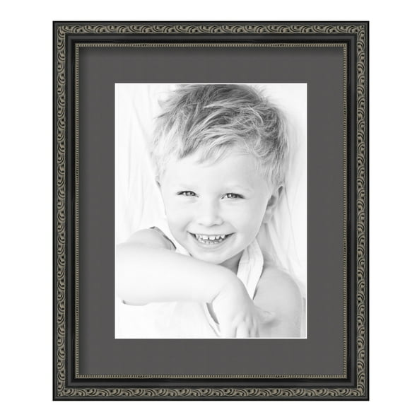 ArtToFrames 13x16" Matted Picture Frame with 9x12" Single Mat Photo Opening Framed in 1.25" Antique Black and 2" Charcoal Mat (FWM-5106-13x16)