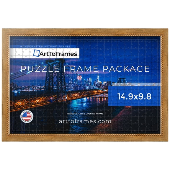 ArtToFrames 14.9x9.8 Inch - 38x25 CM Gold Puzzle Frame for 100 piece Puzzles.0.75 Inch Custom Wood Puzzle Frames, Gold Square with Beads - Comes with Regular Glass