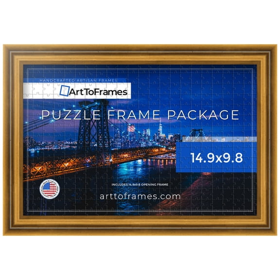 ArtToFrames 14.9x9.8 Inch - 38x25 CM Gold Puzzle Frame for 100 piece Puzzles.1.25 Inch Custom Wood Puzzle Frames, Gold Step - Comes with Regular Glass